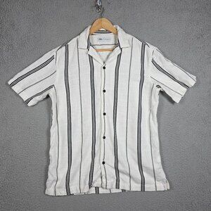 Zara Camp Shirt Mens Medium Striped Open Collar Woven Linen Blend Slim Fit Airy